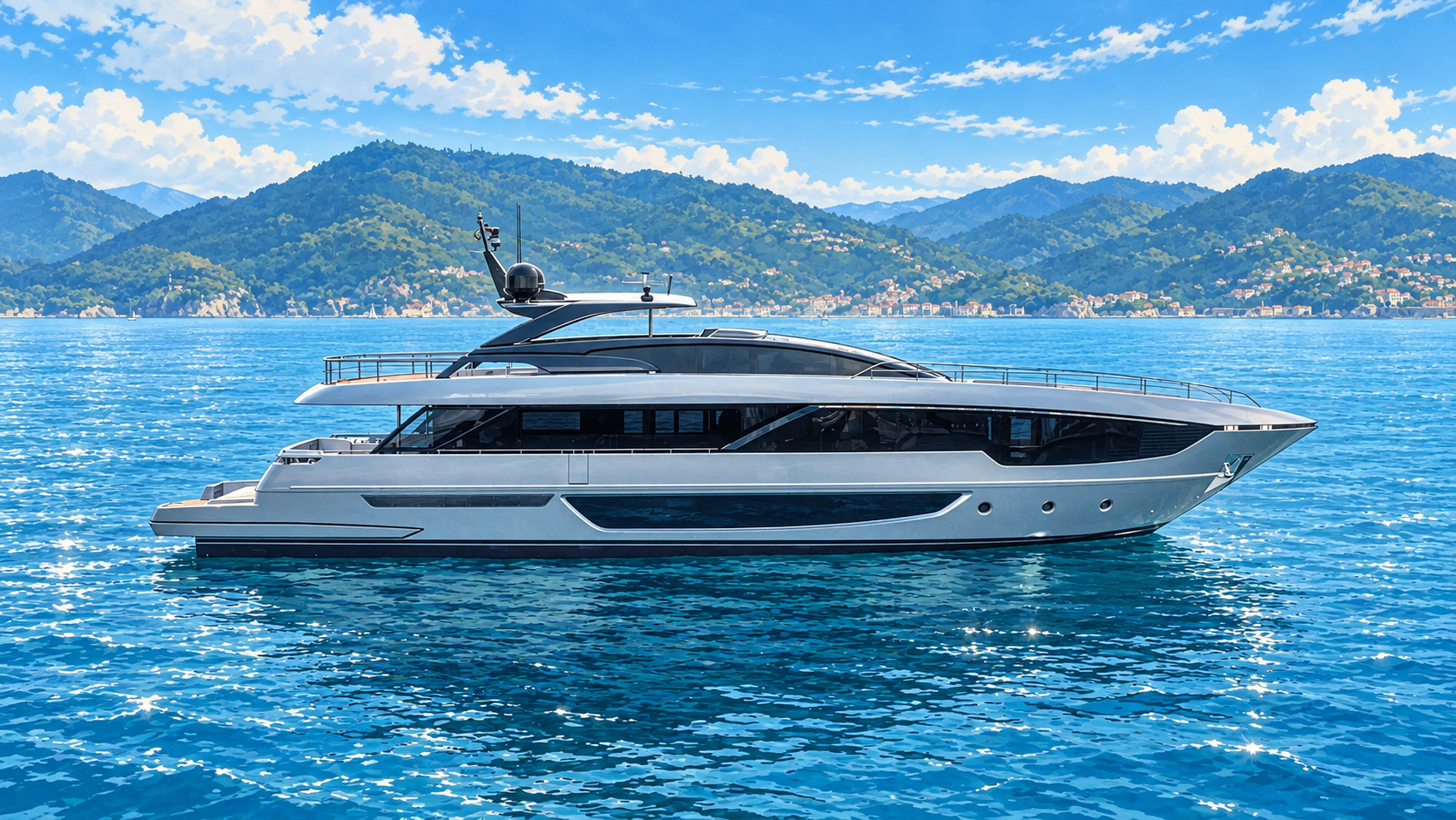 Anime-style silver Riva 102 yacht on blue Mediterranean water, with no flags